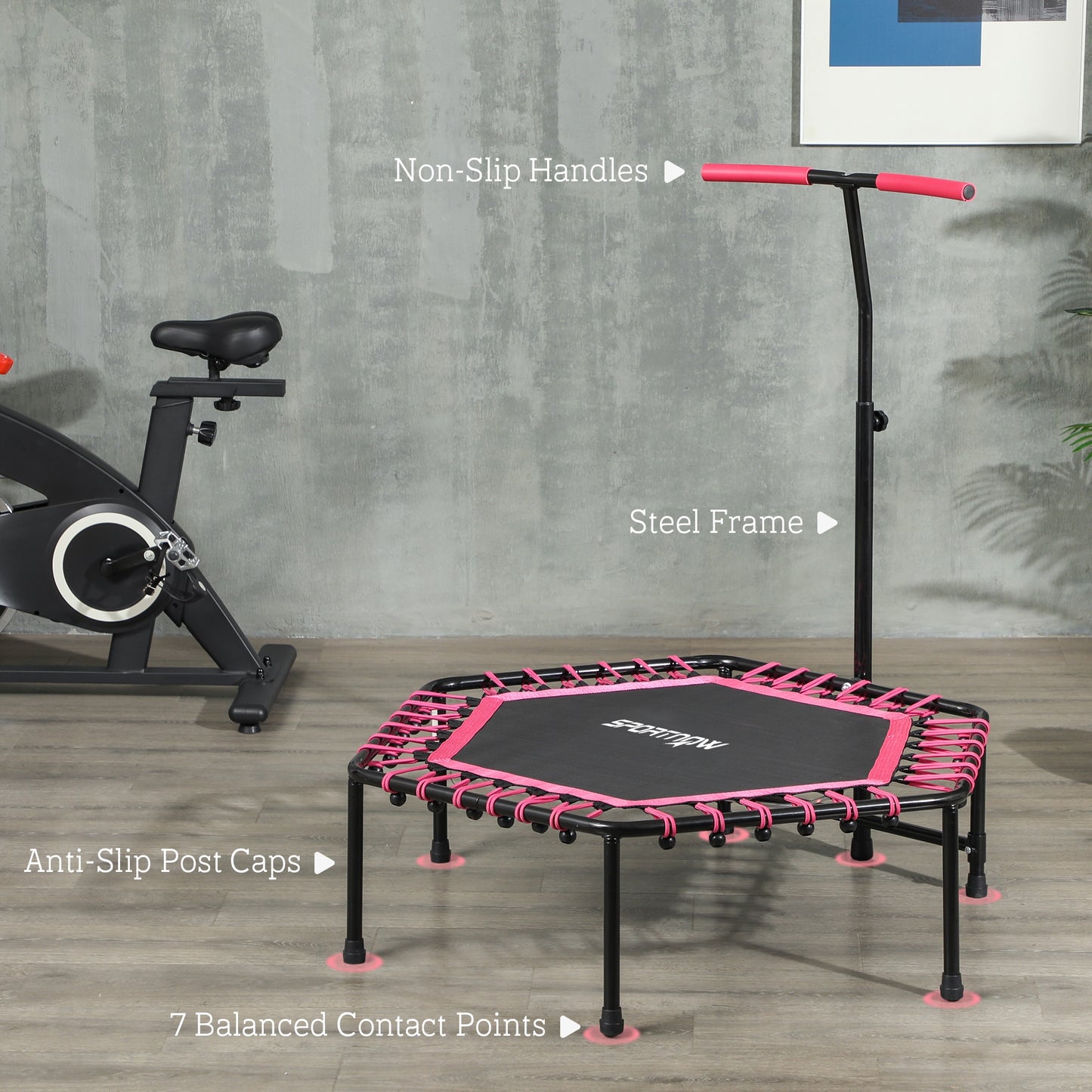 45" Fitness Trampoline with Adjustable Handle, LED Lights, Pink