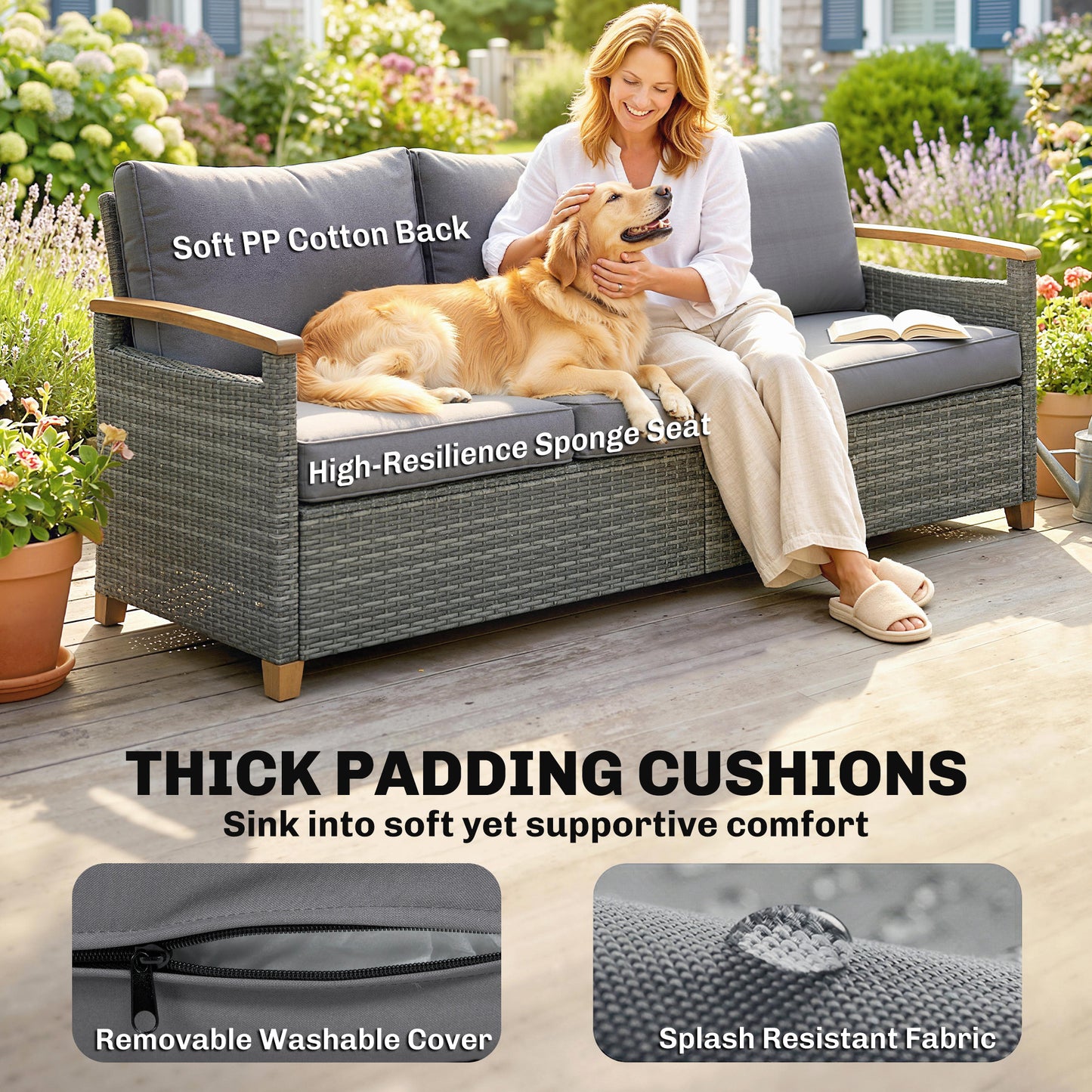 3 Seater Rattan Garden Sofa with Cushioned Wide Seats, Dark Grey