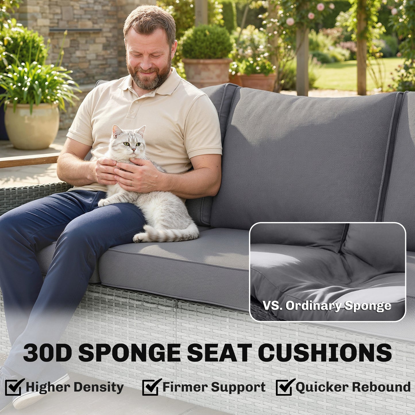 3 Seater Rattan Garden Sofa with Cushioned Wide Seats, Dark Grey