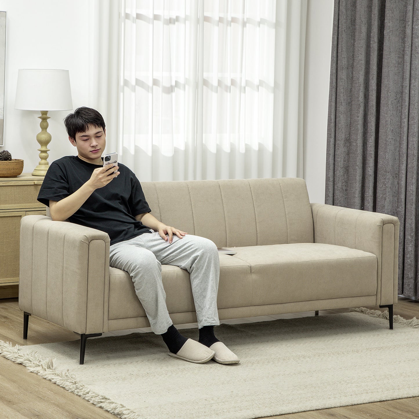 3 Seater Sofa, Modern Fabric Couch with Channel Tufted, Khaki