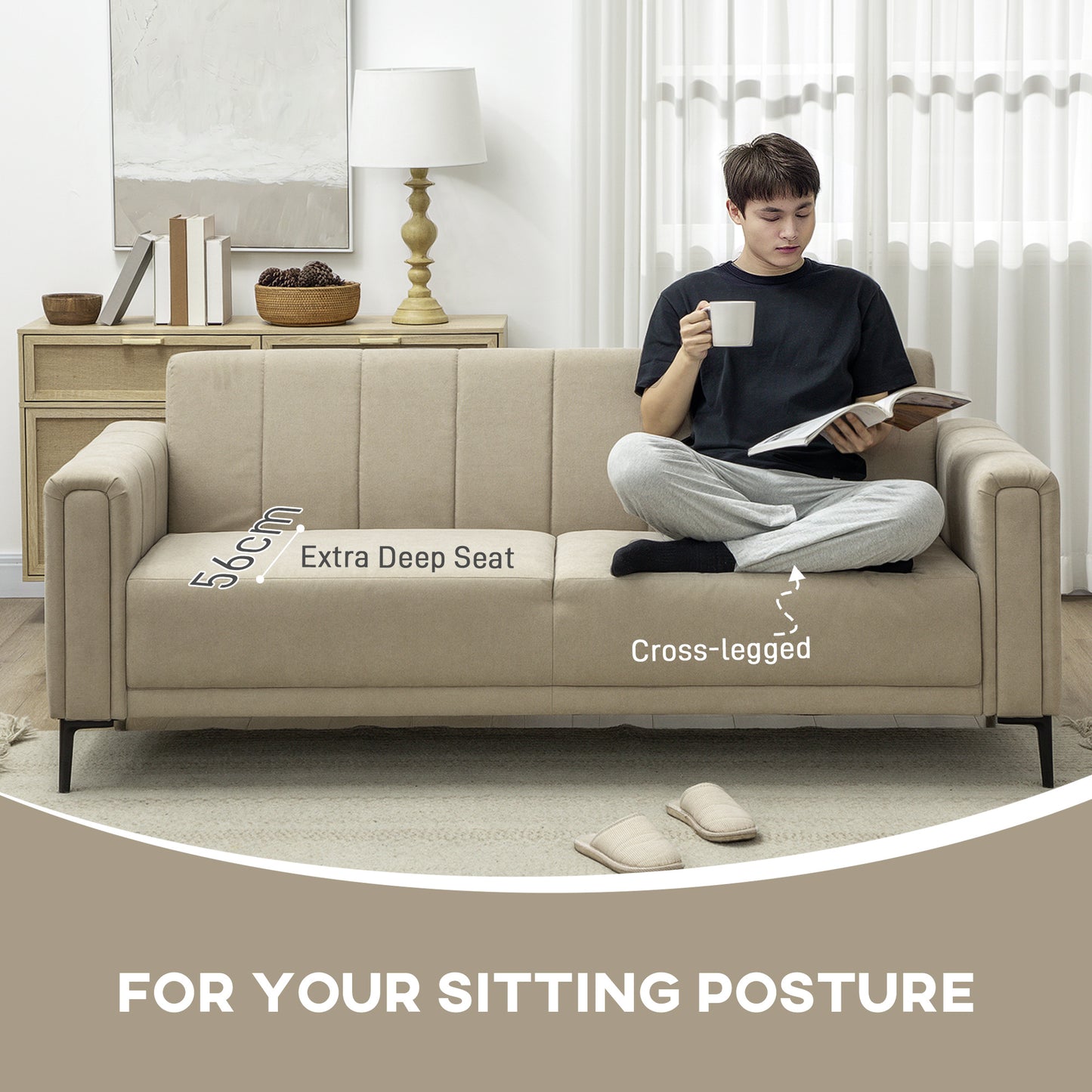 3 Seater Sofa, Modern Fabric Couch with Channel Tufted, Khaki