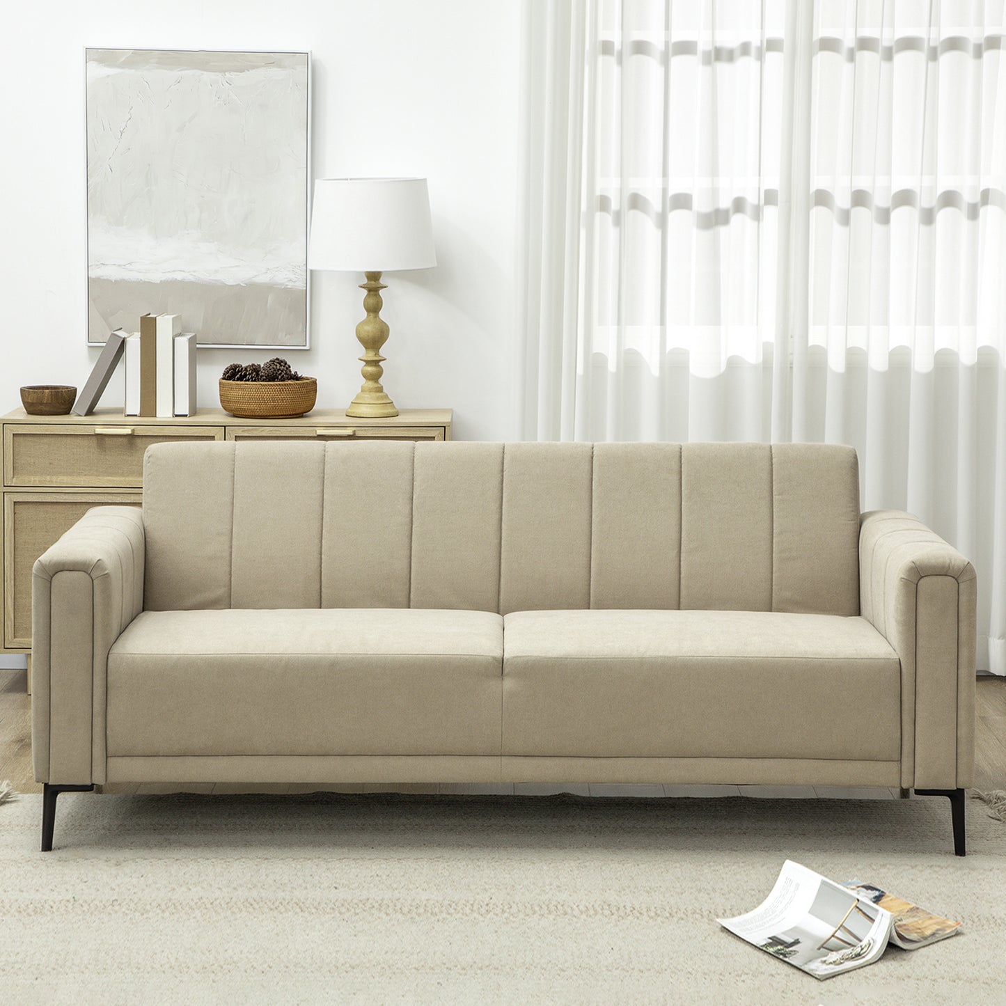 3 Seater Sofa, Modern Fabric Couch with Channel Tufted, Khaki
