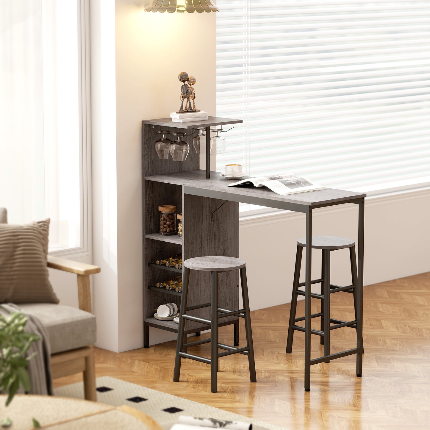 3 Pieces Dining Room Set, 6-Tier Dining Table and Stools, Natural