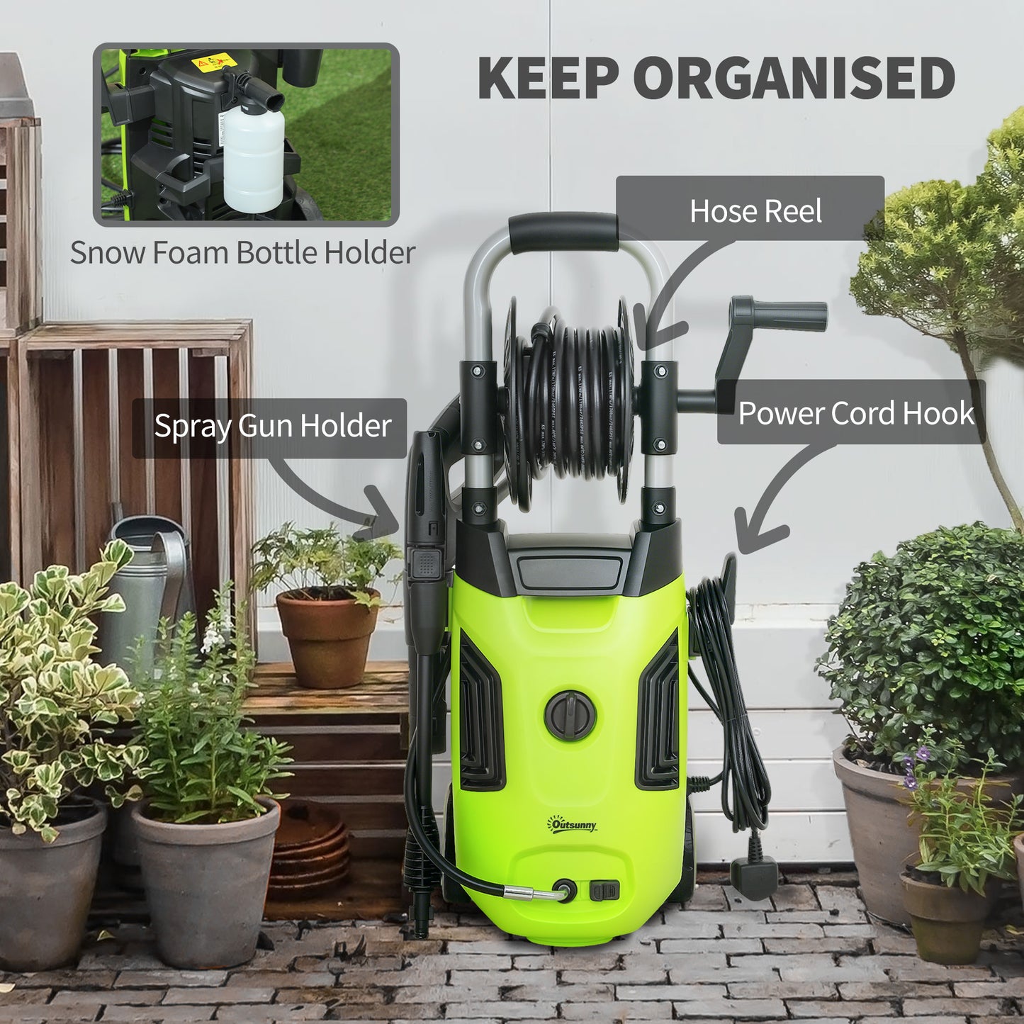 1800W Power Washer 150 Bar Pressure 6M Hose and Hose Reel, Green