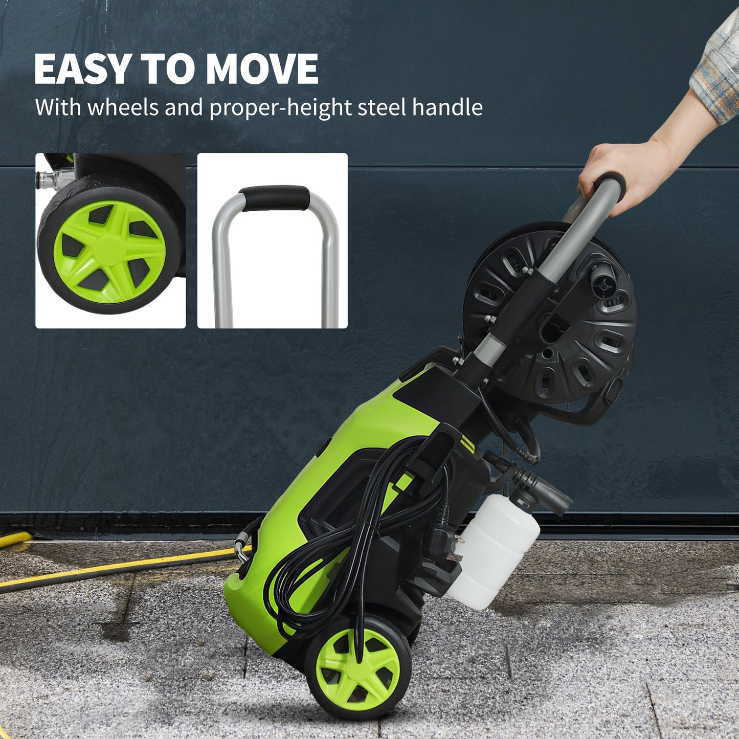 1800W Power Washer 150 Bar Pressure 6M Hose and Hose Reel, Green