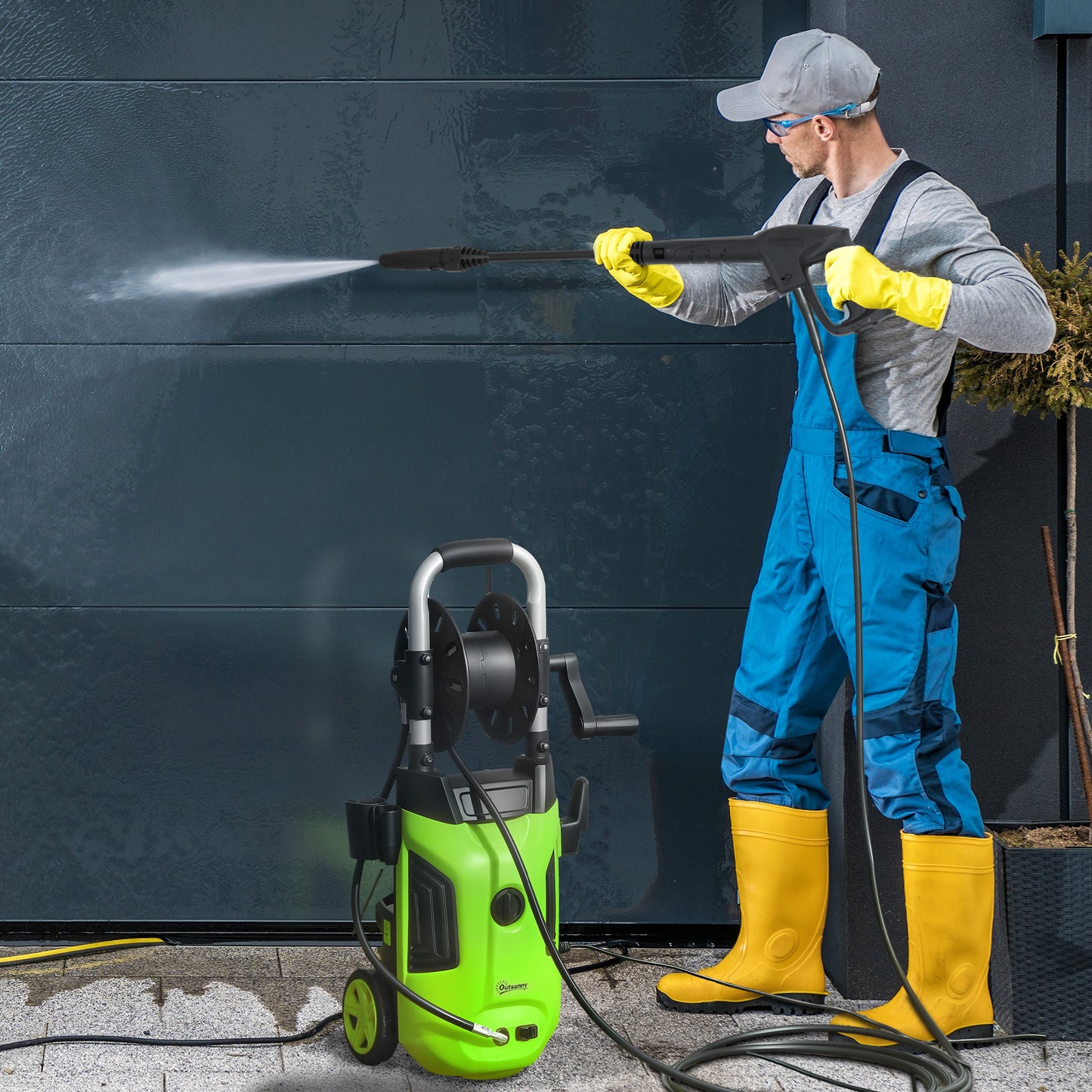 1800W Power Washer 150 Bar Pressure 6M Hose and Hose Reel, Green