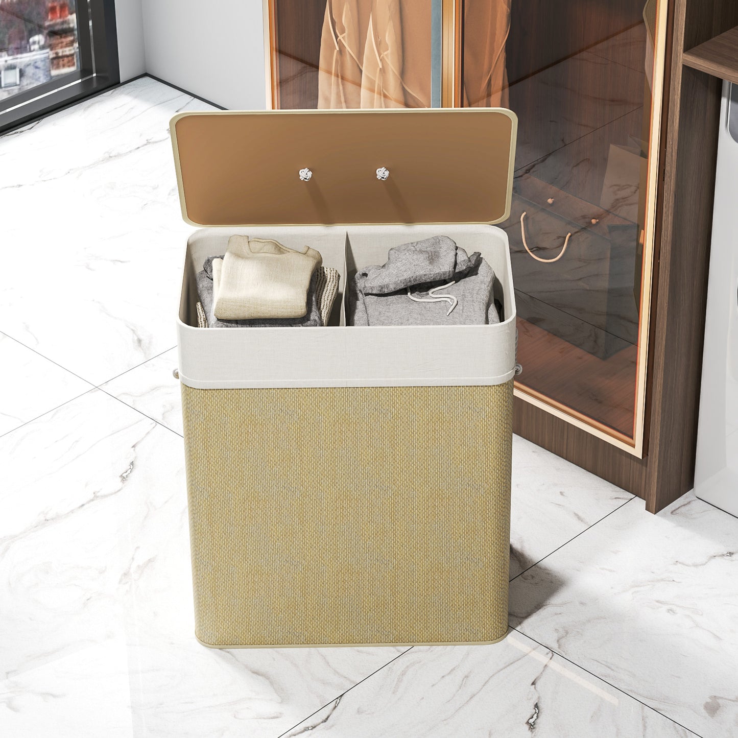 100L Laundry Basket with Lid, Washing Basket for Bathroom, Cream