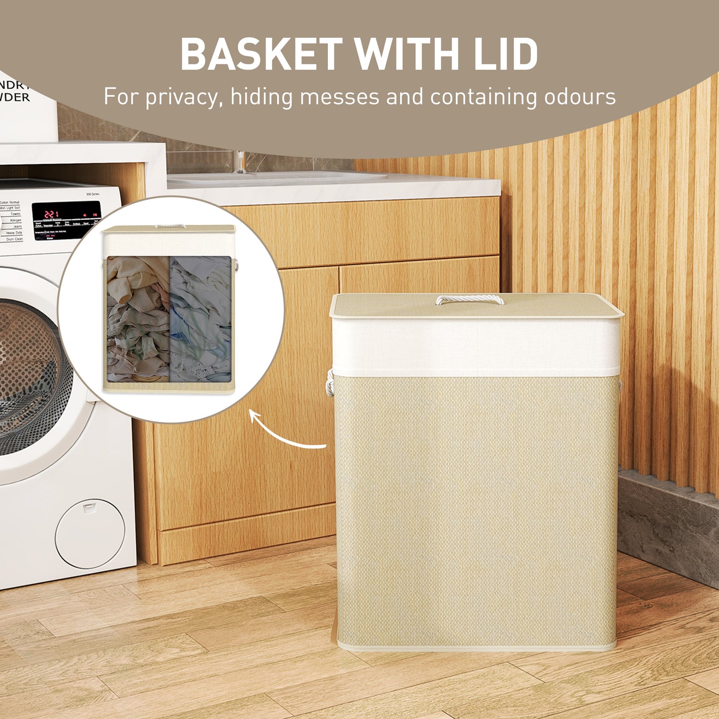 100L Laundry Basket with Lid, Washing Basket for Bathroom, Cream