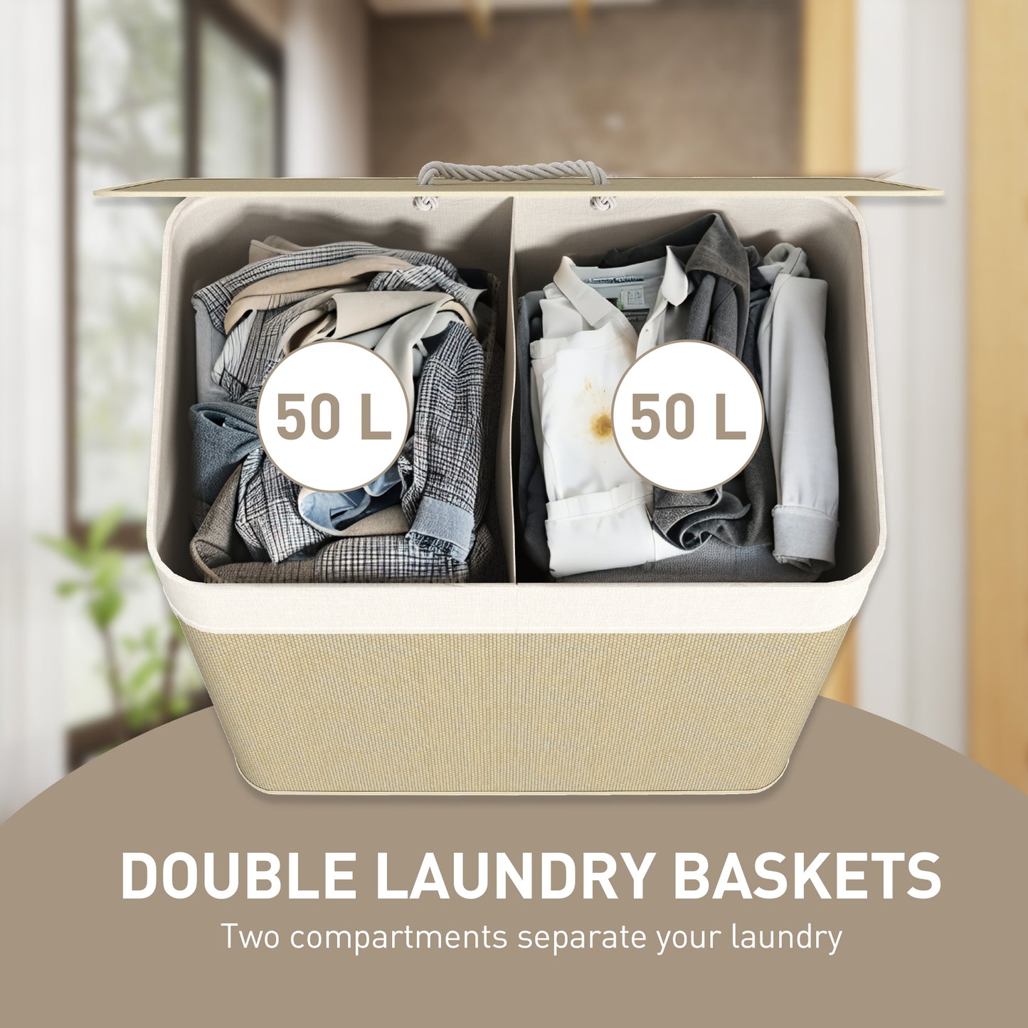 100L Laundry Basket with Lid, Washing Basket for Bathroom, Cream