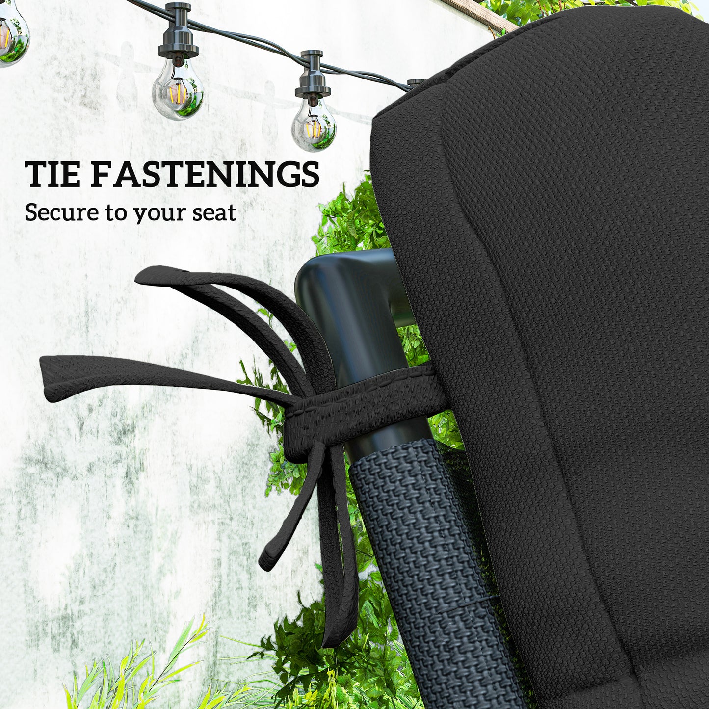 2pc Outdoor Seat Cushion with Backrest, Ties, for Garden, Black