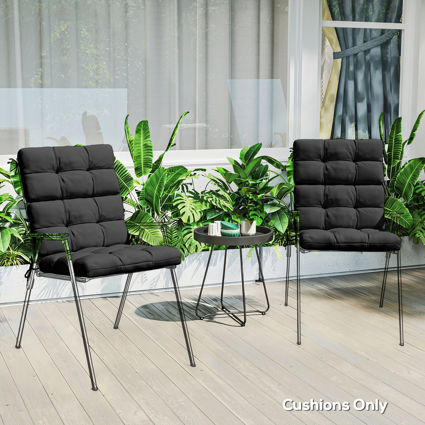 2pc Outdoor Seat Cushion with Backrest, Ties, for Garden, Black