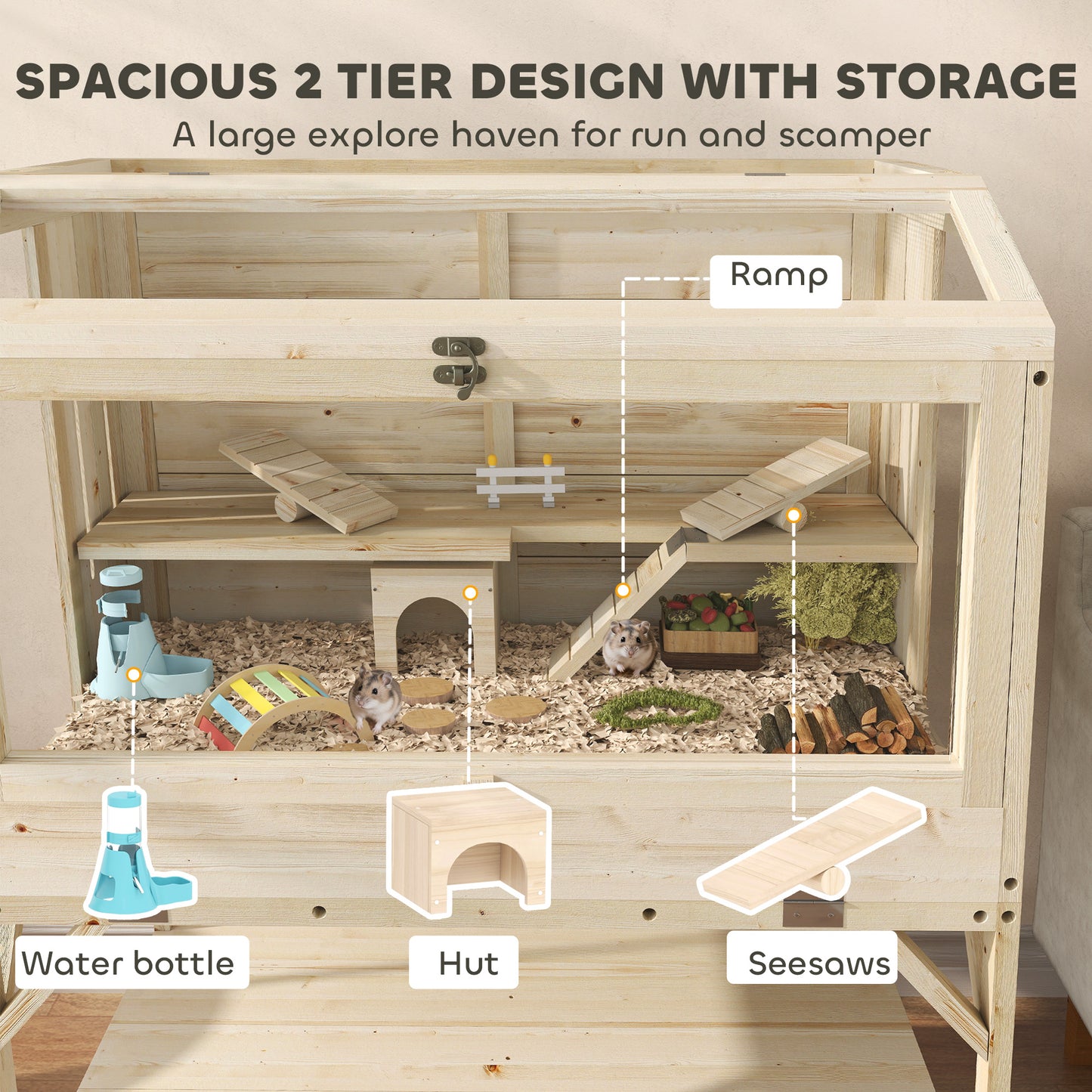 Wooden Hamster Cage, 2 Tier Hamster Habitat with Storage Shelf