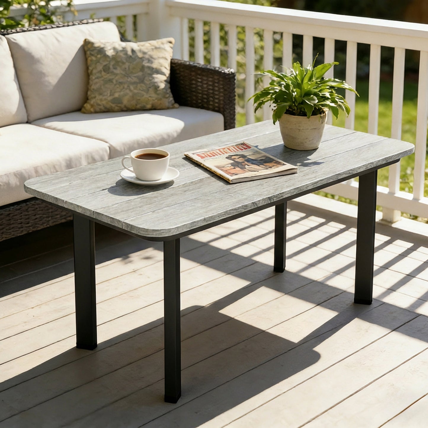 Outdoor Coffee Table, Garden Table with Slatted WPC Top, Grey
