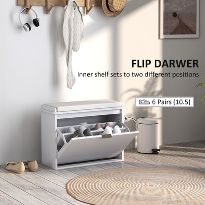 Shoe Storage Bench with Cushion and Flip-Drawer 62x26x47.5cm White