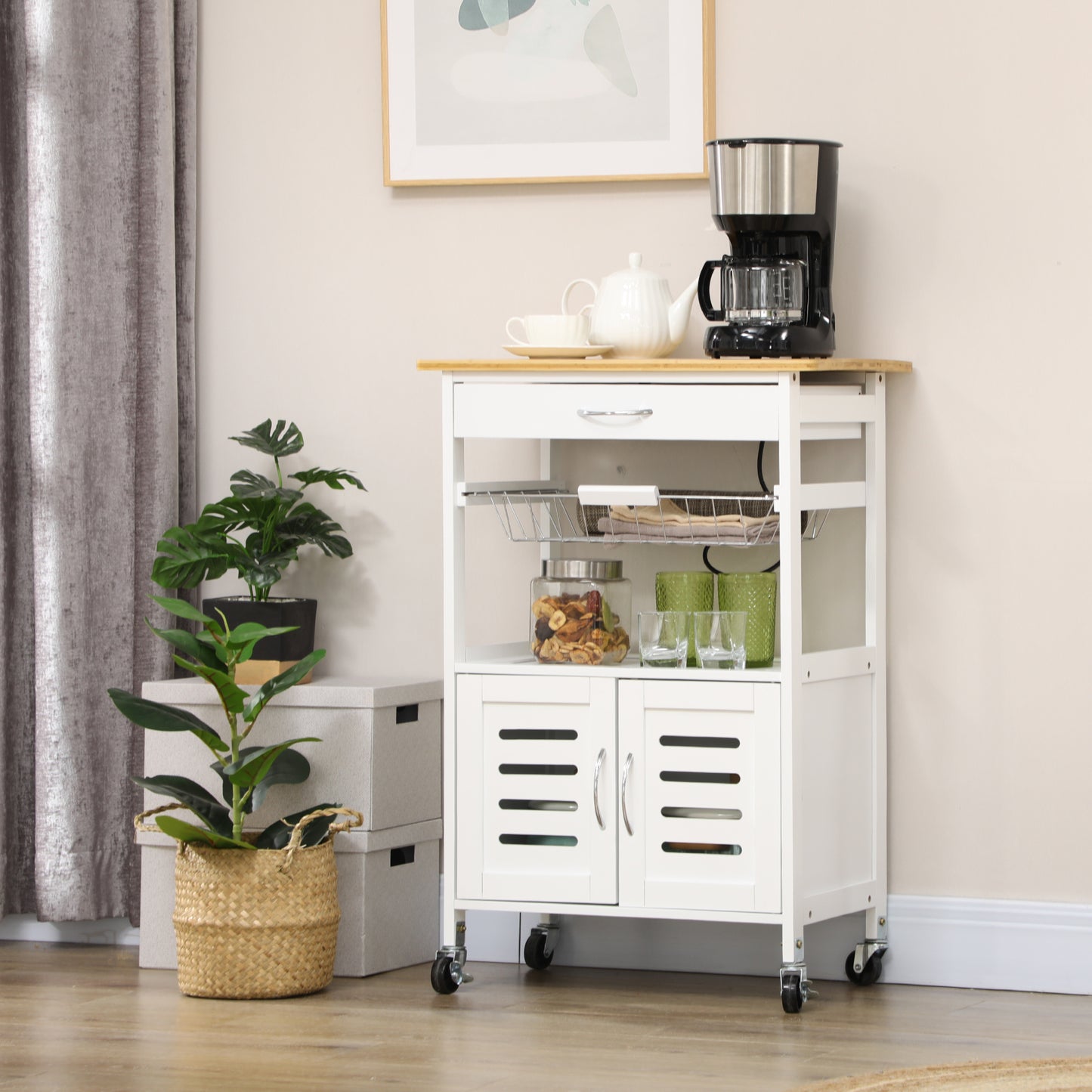 Rolling Kitchen Island Trolley Utility Cart on Wheels with Bamboo Top