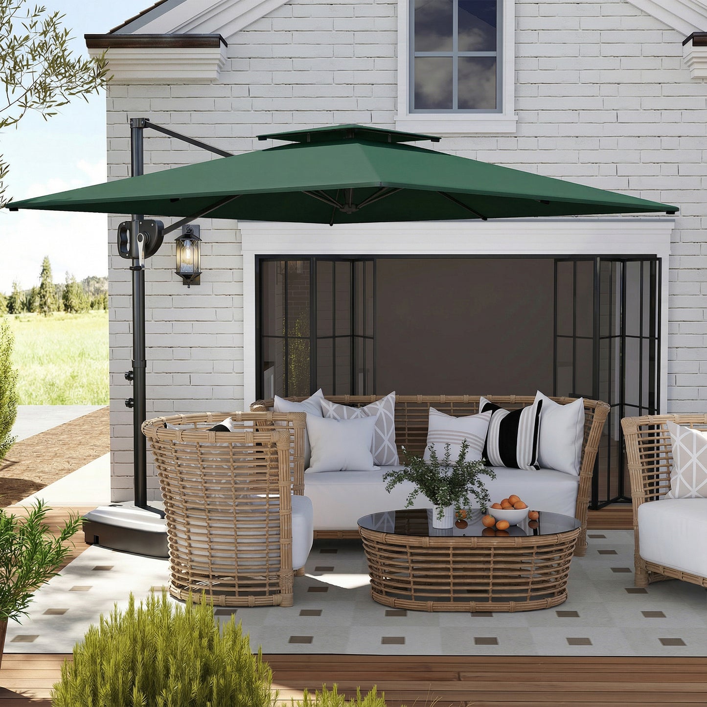 Garden Cantilever Parasol w/ Weighted Base Tilt Crank Dark Green