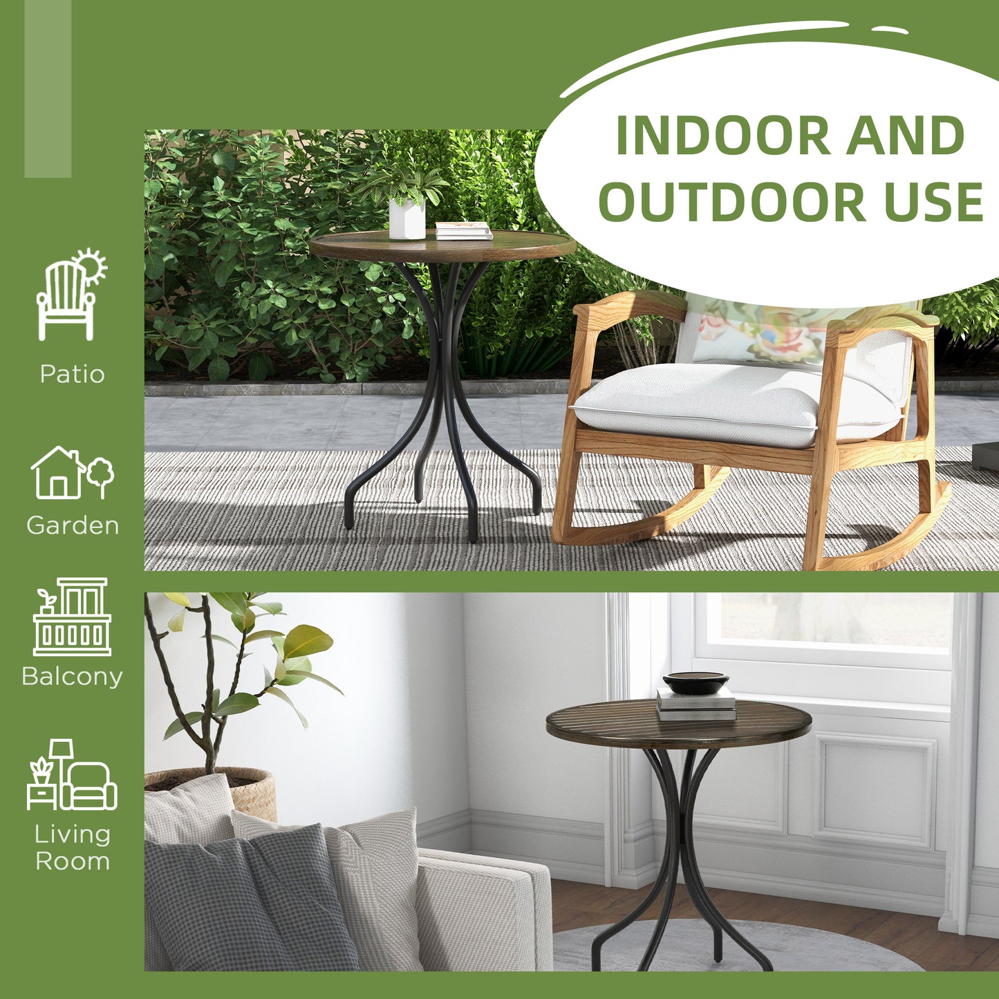 Round Garden Table Outdoor Side Table with Steel Frame Brown