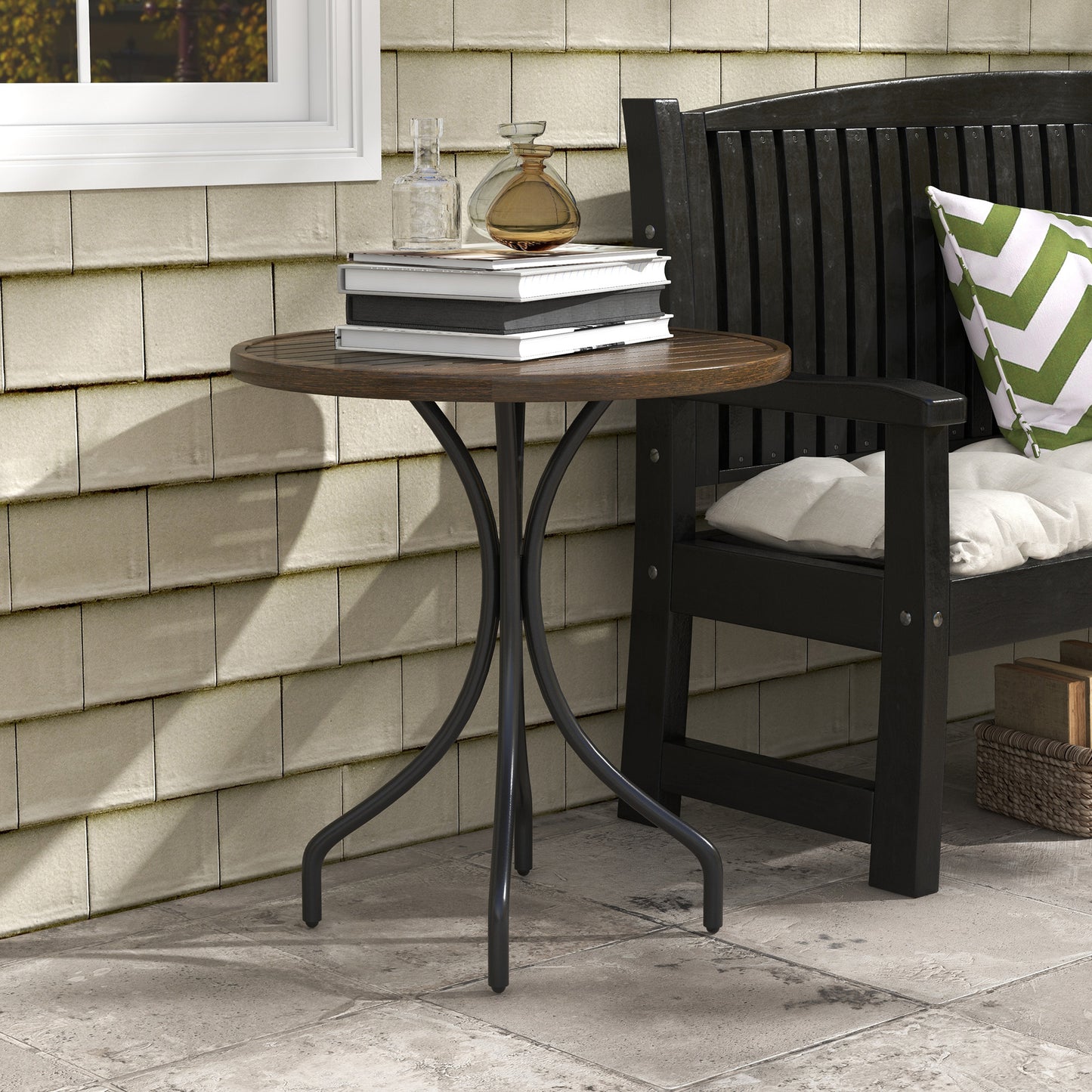 Round Garden Table Outdoor Side Table with Steel Frame Brown