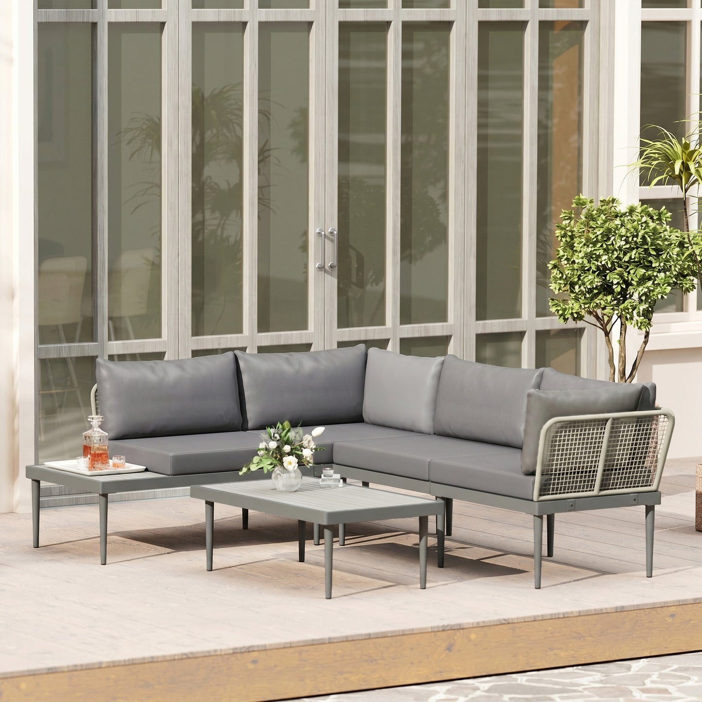 3 Piece L Shaped Rattan Garden Furniture Set, 4 Seater Wicker Outdoor Corner Sofa Set with 2 Loveseats, Wide and Deep Seating, Acacia Wood Top Coffee Table and Thick Cushions, Grey