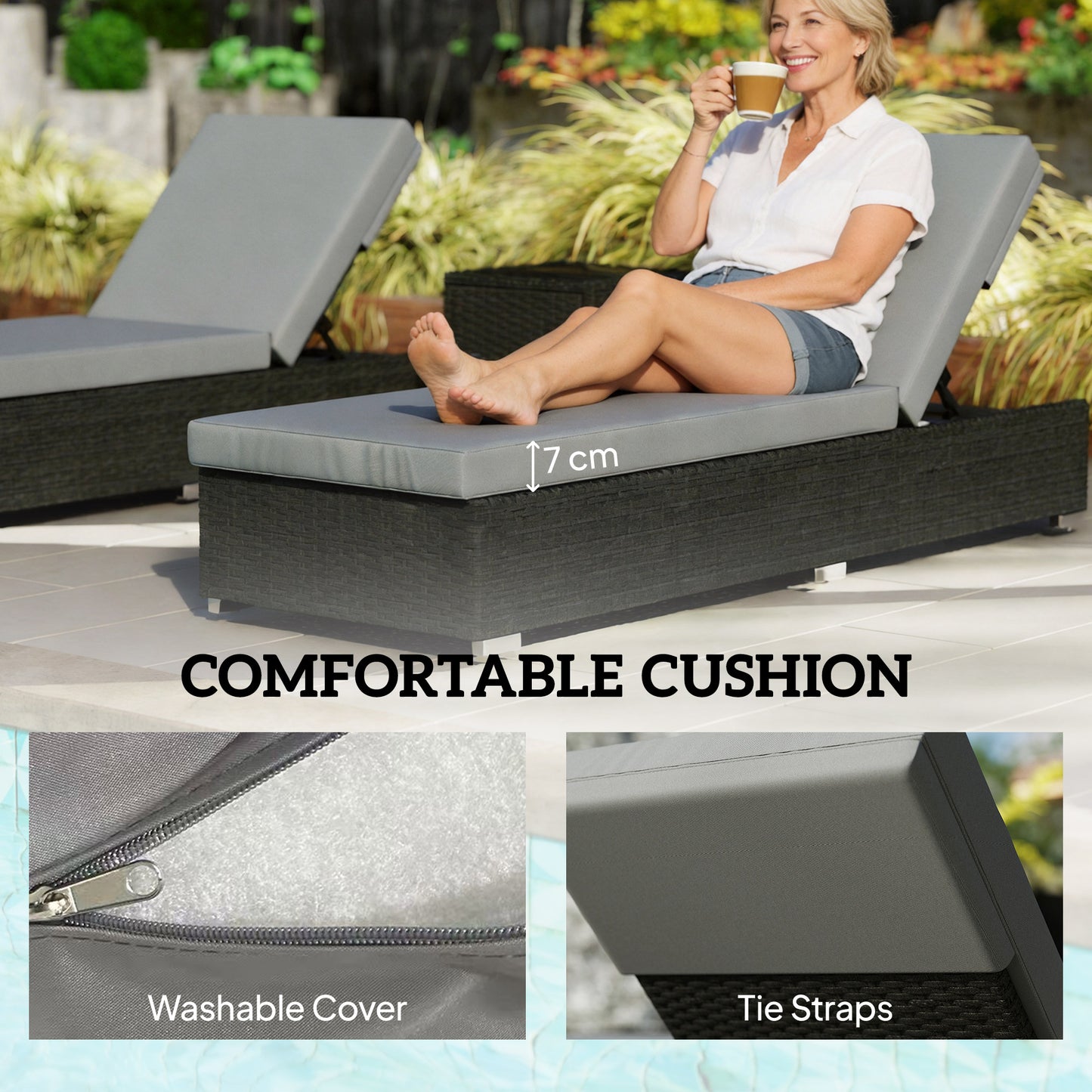 Rattan Sun Loungers Set of 2 with Side Table, Dark Grey