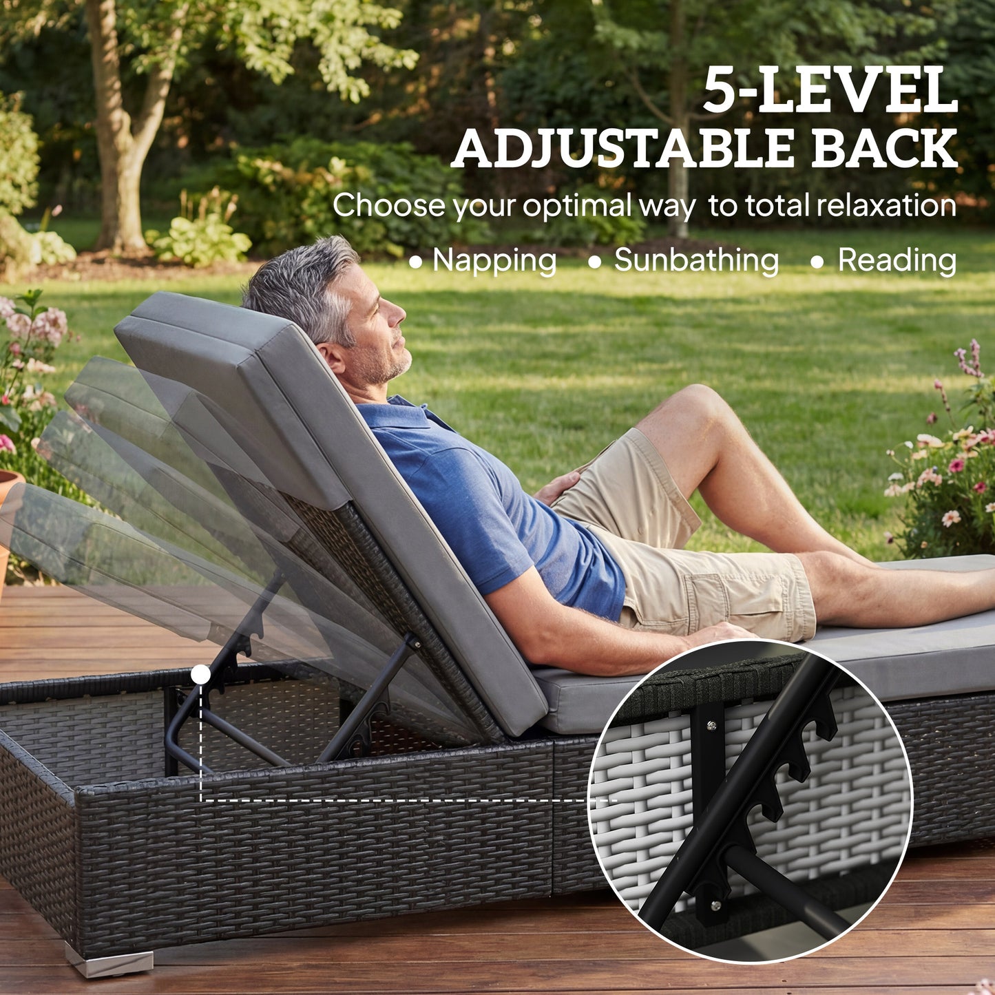 Rattan Sun Loungers Set of 2 with Side Table, Dark Grey