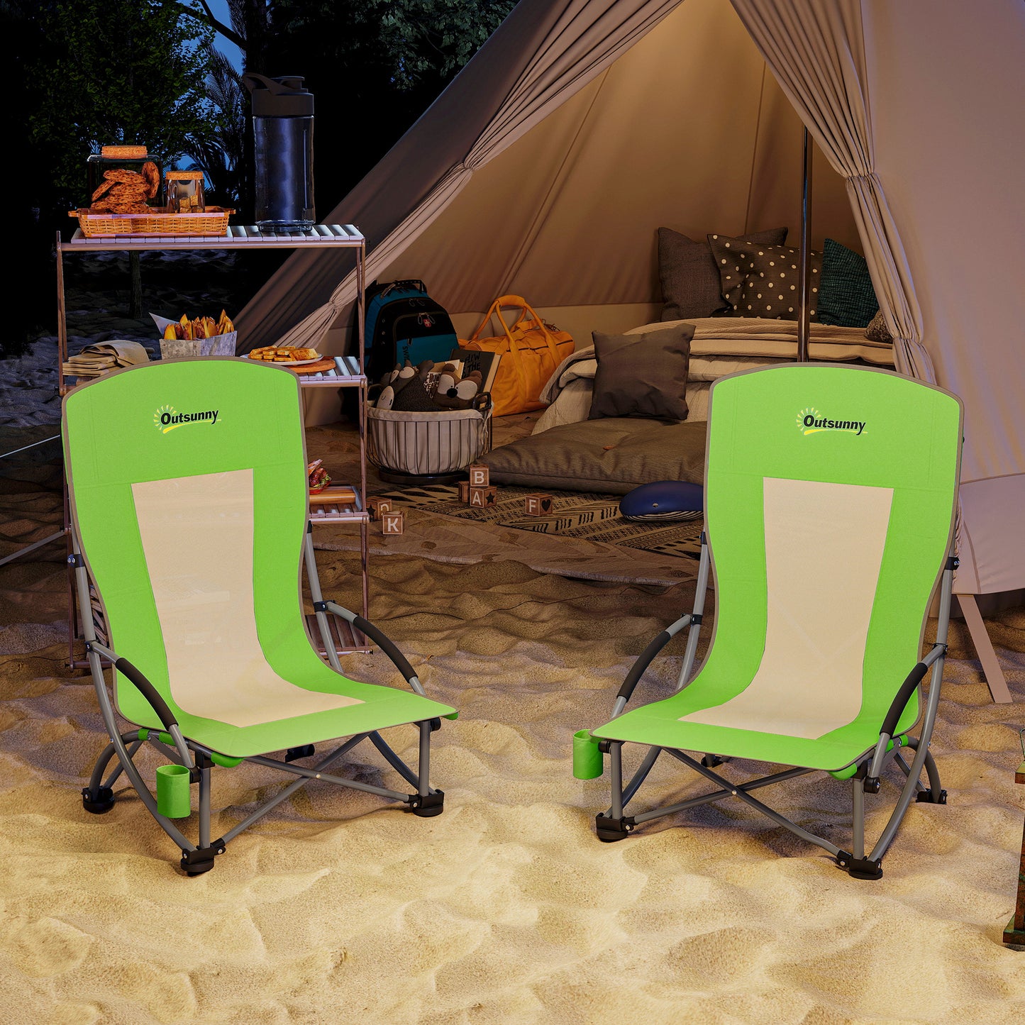Set of 2 Folding Beach Chair, Camping Chair with Carry Bag, Green