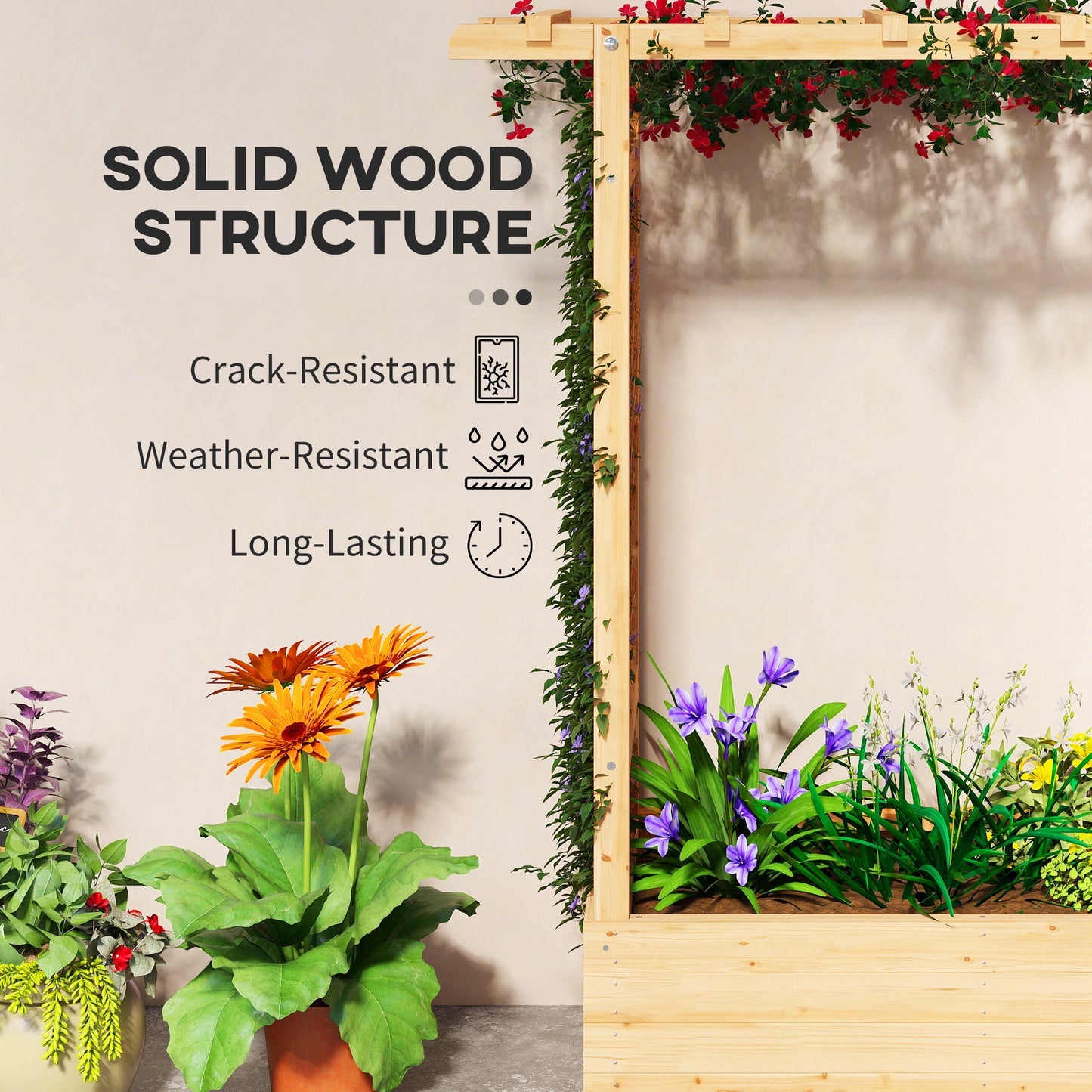 Raised Bed for Garden with Trellis, 110 x 44 x 113 cm, Natural