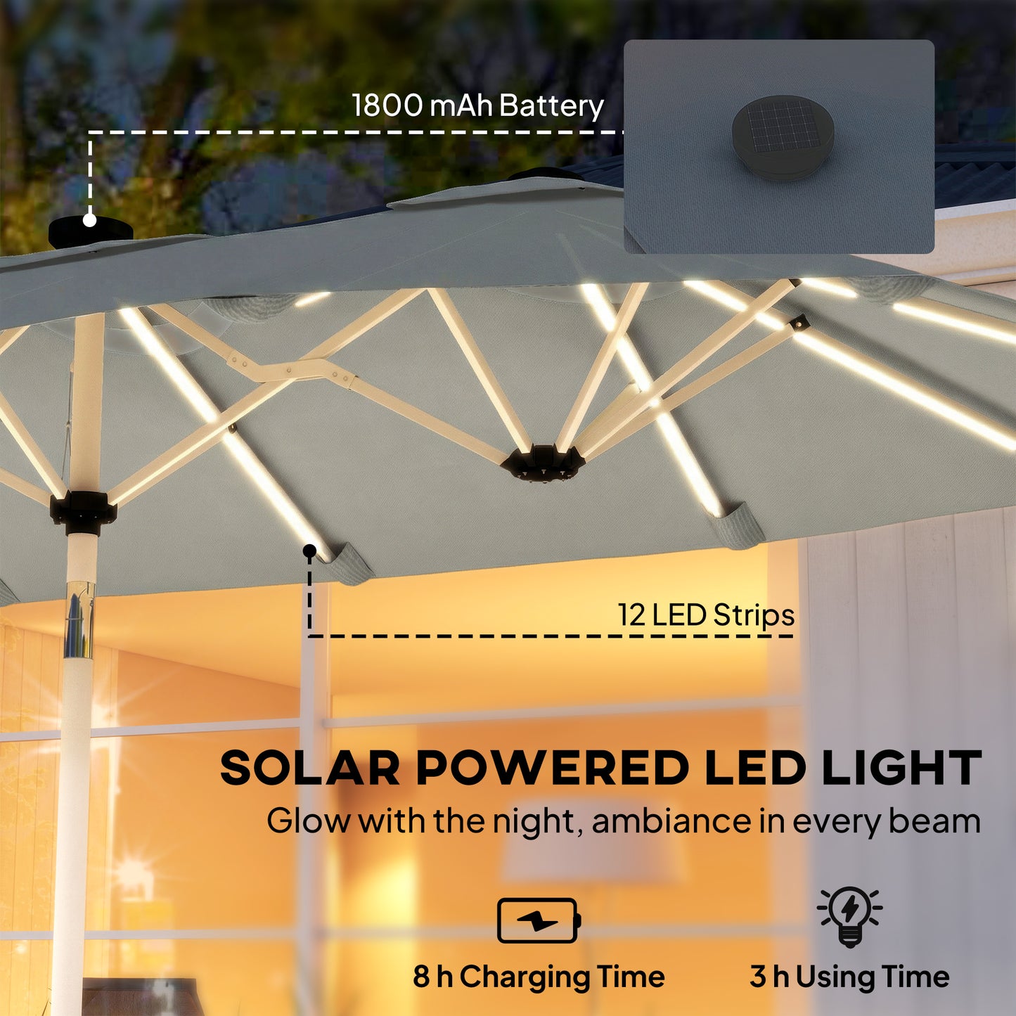 3 m Double-Sided Garden Parasol with Solar Lights, Grey