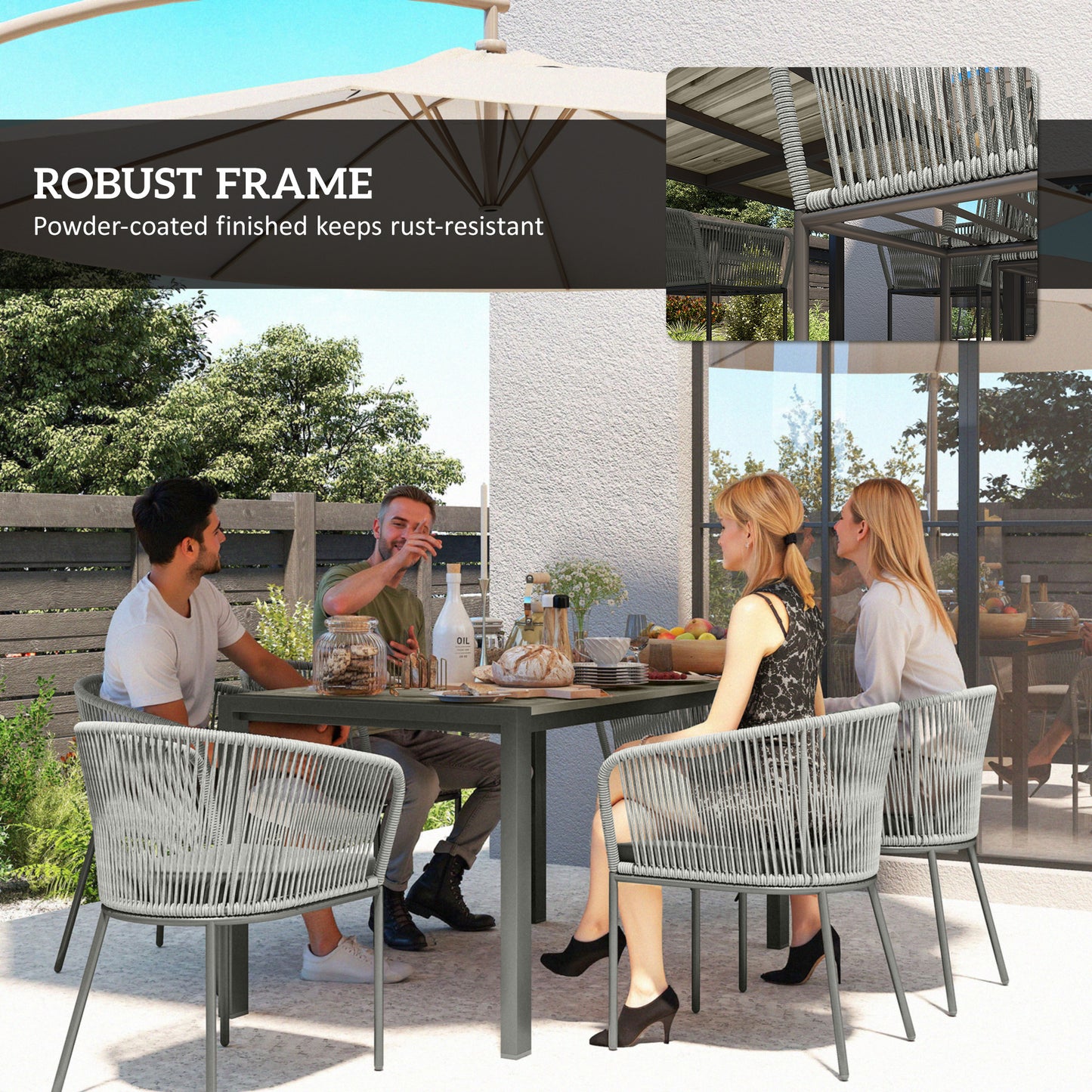 6 Seater Rattan Dining Set with Acacia Wood Table Top Seat Cushions