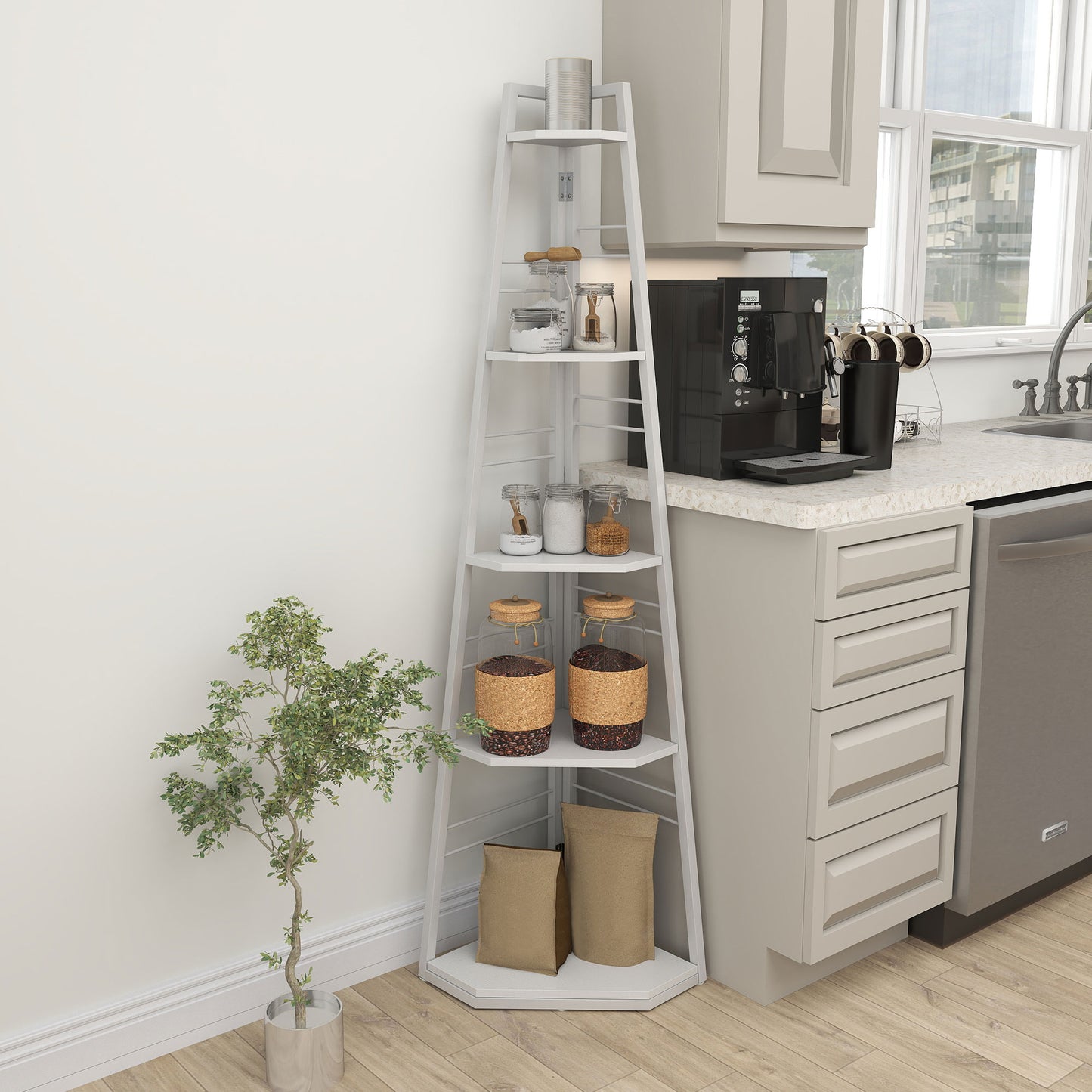 5-Tier Corner Shelf, Shelving Unit with Adjustable Feet, White