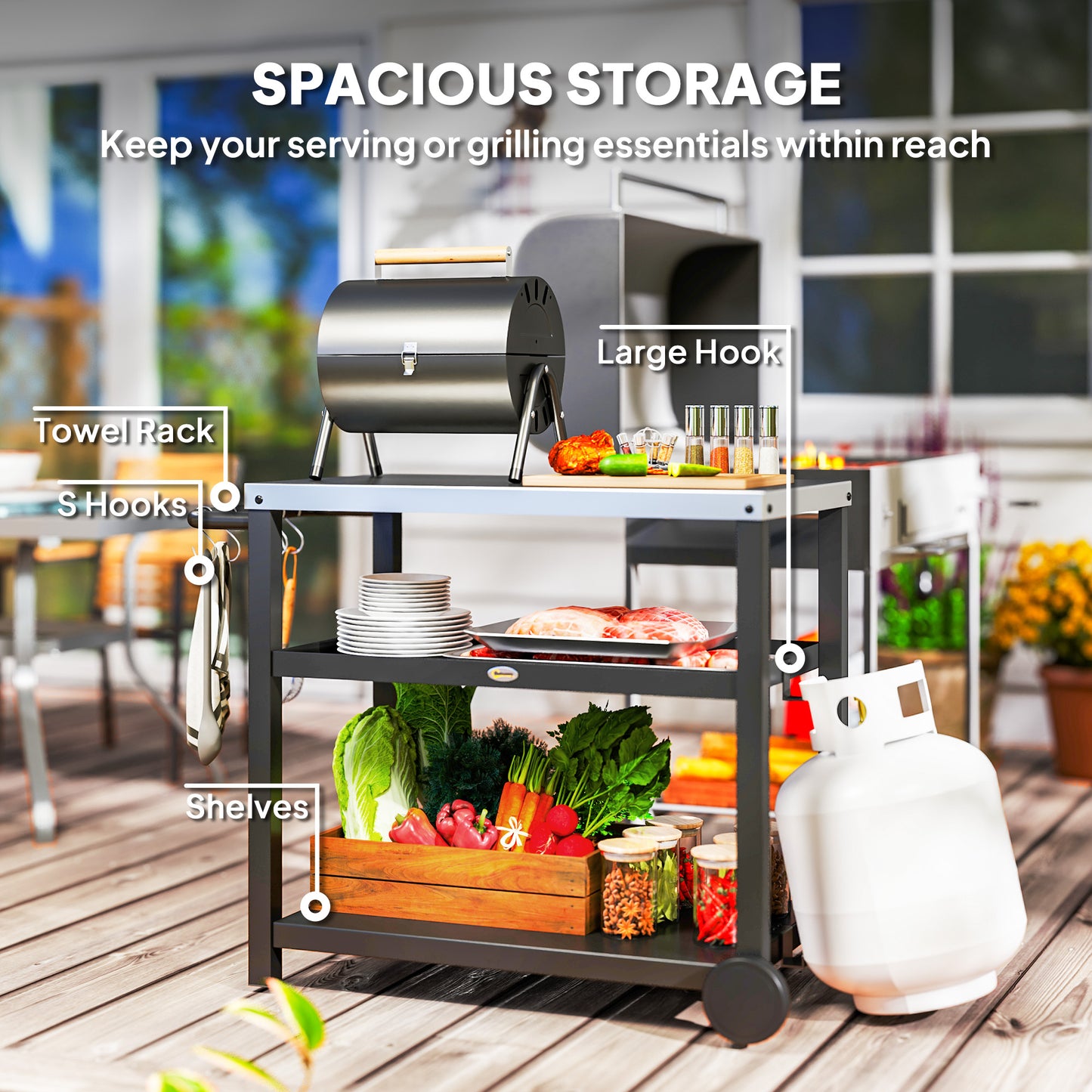 Outdoor BBQ Table with 2-Tier Shelf, Outdoor Kitchen, Charcoal Grey
