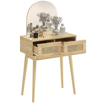 Dressing Table, Vanity Desk w/ Mirror, 2 Drawers, Natural Wood Finish