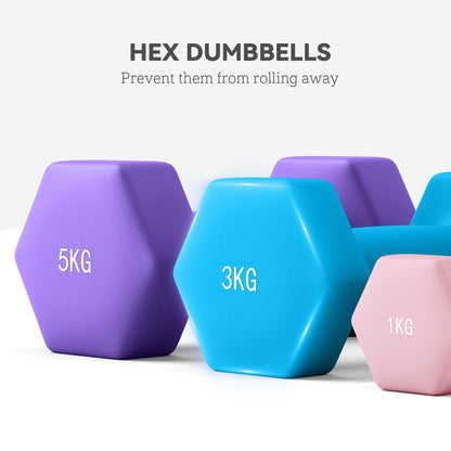 Complete weight set: This dumbbell set includes three pairs of weights – 1kg, 3kg and 5kg – great for boosting strength and fitness. Special dumbbell rack