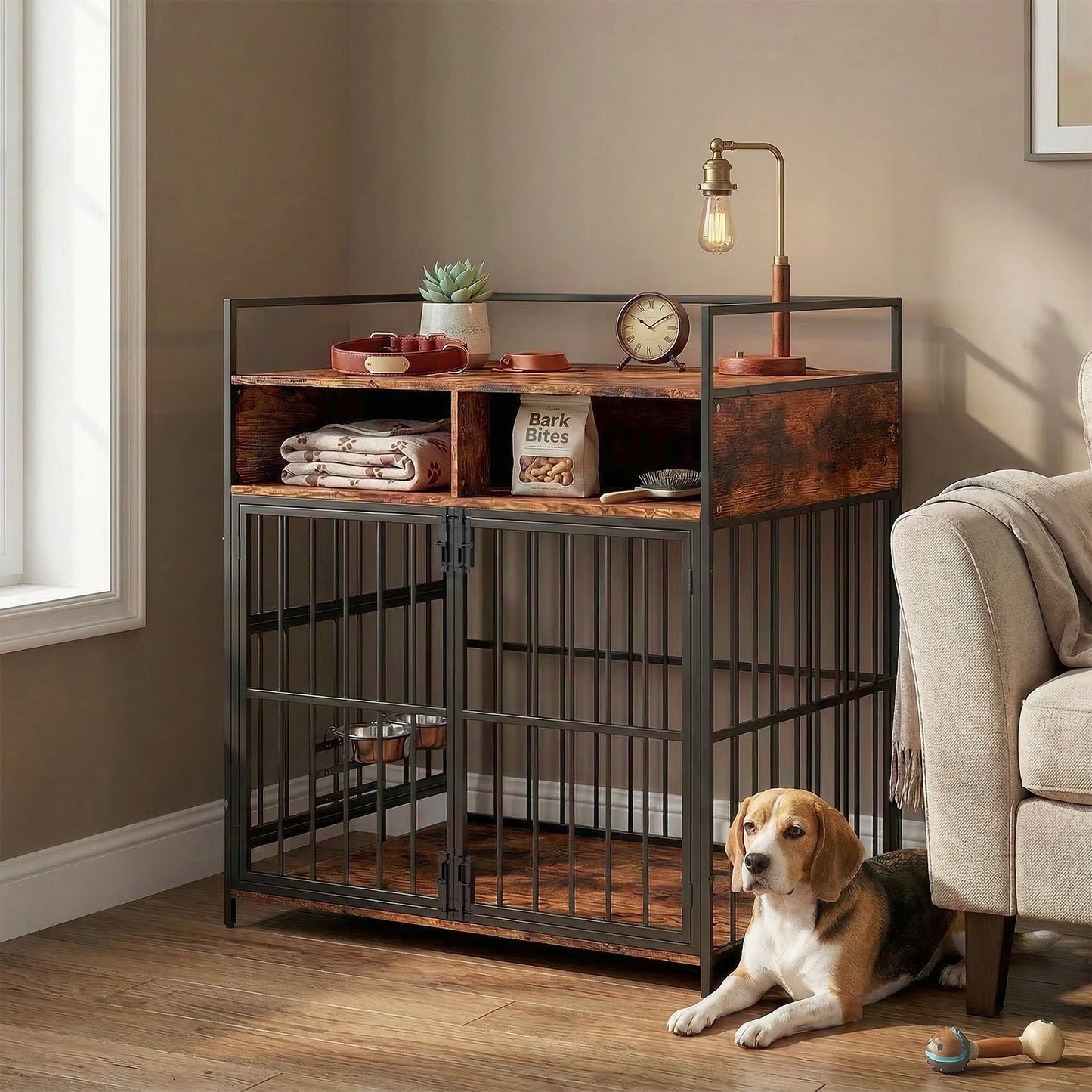 Dog Crate Furniture, Dog Cage with Rotatable Feeding Station
