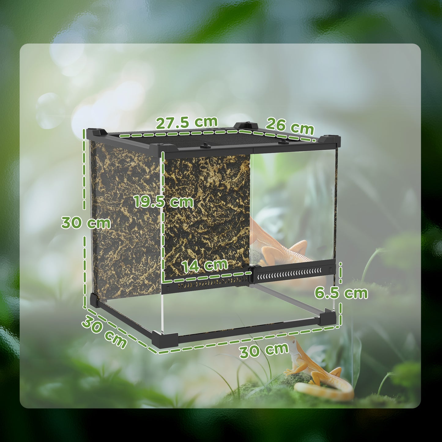 24L Glass Terrarium, Reptile Vivarium with Stone Background, Black