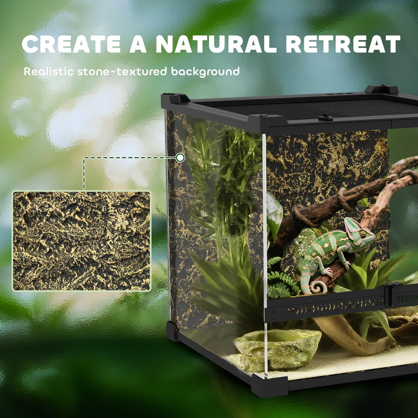 24L Glass Terrarium, Reptile Vivarium with Stone Background, Black