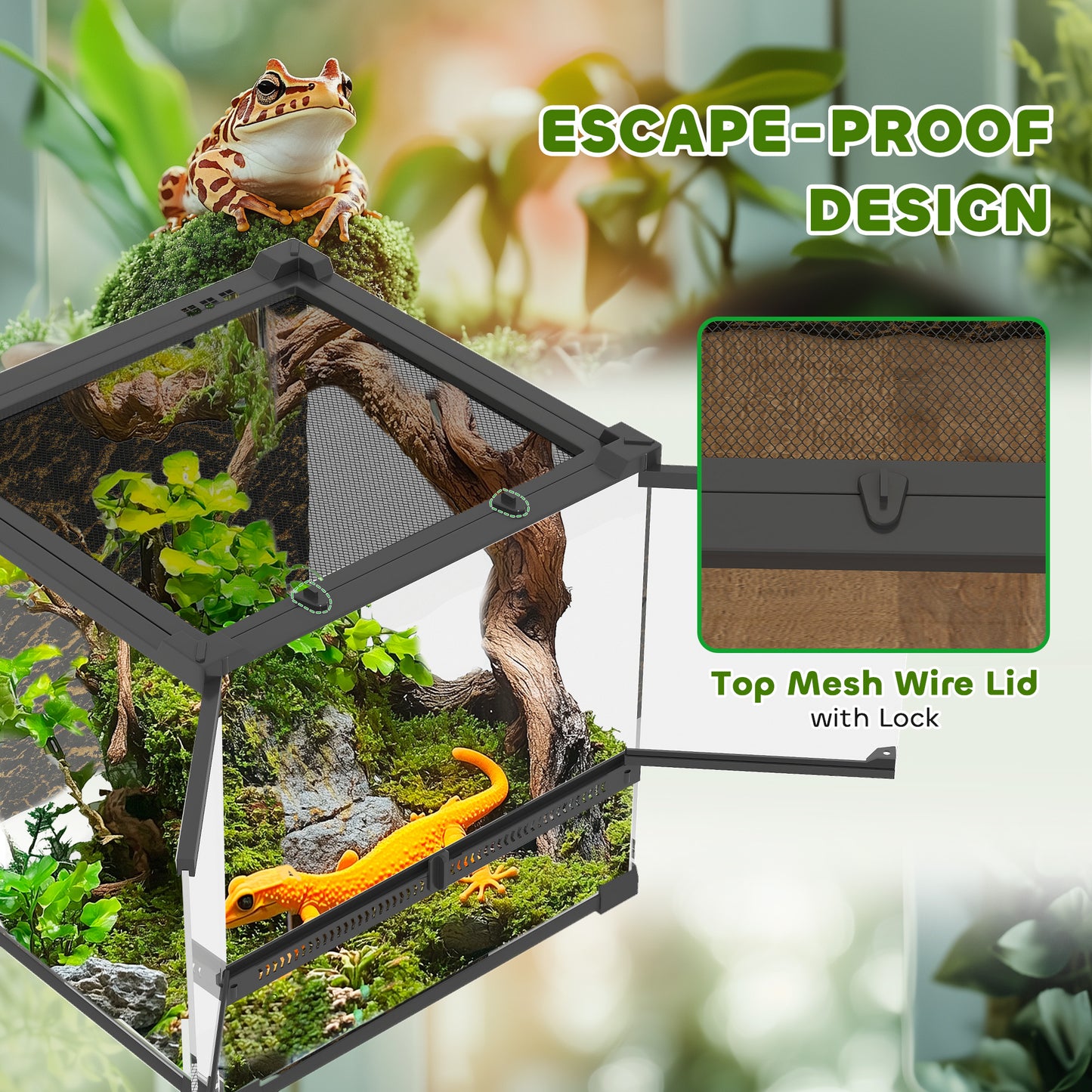 24L Glass Terrarium, Reptile Vivarium with Stone Background, Black