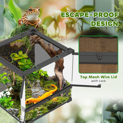 24L Glass Terrarium, Reptile Vivarium with Stone Background, Black
