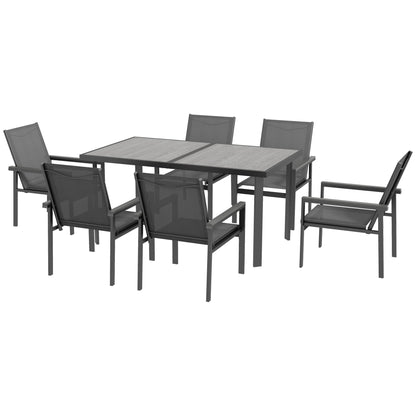 7 Pieces Garden Dining Set w/ Glass Top Dining Table, Outdoor Table and 6 Armchairs w/ Breathable Mesh Fabric Seats and Backrest