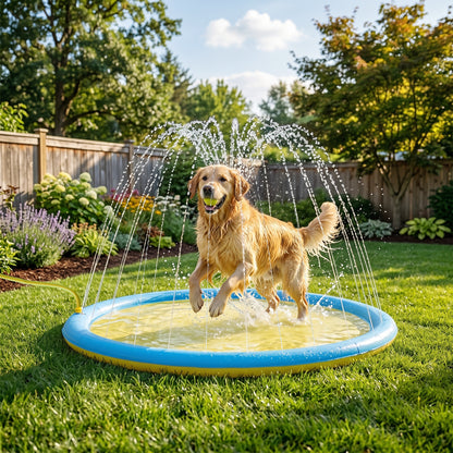 Dog Splash Pad, Pet Sprinkler Mat, Non-Slip Dog Paddling Pool, Foldable Outdoor Sprinkler and Splash Mat Water Play for Garden, Patio, Summer Fun, 150 cm, Yellow