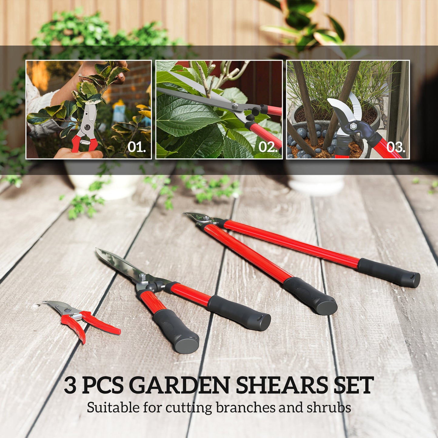 3 PC Garden Shears Set w/ Hedge Shears, Lopper, Garden Secateurs