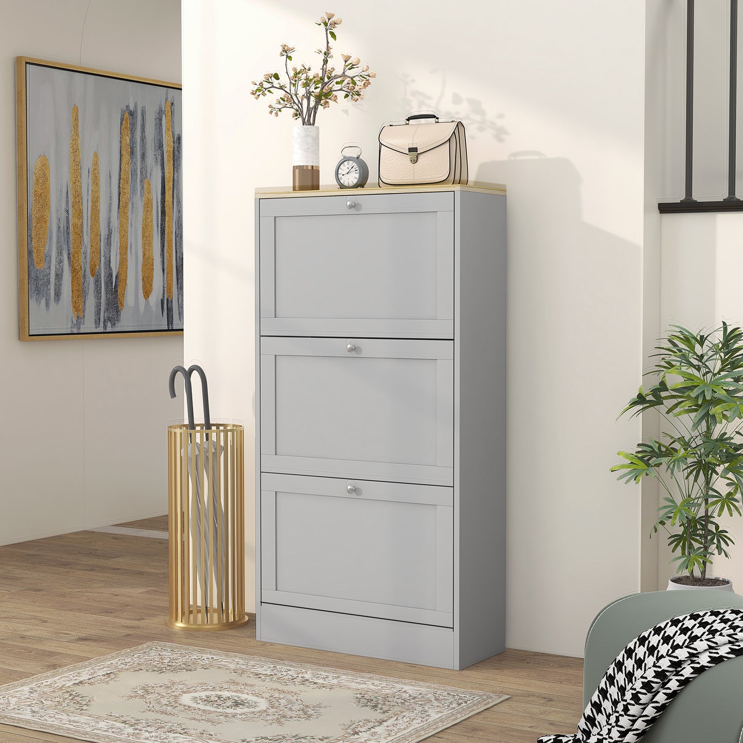 Narrow Shoe Cabinet with 3 Flip Drawers for 18 Pairs of Shoes Grey