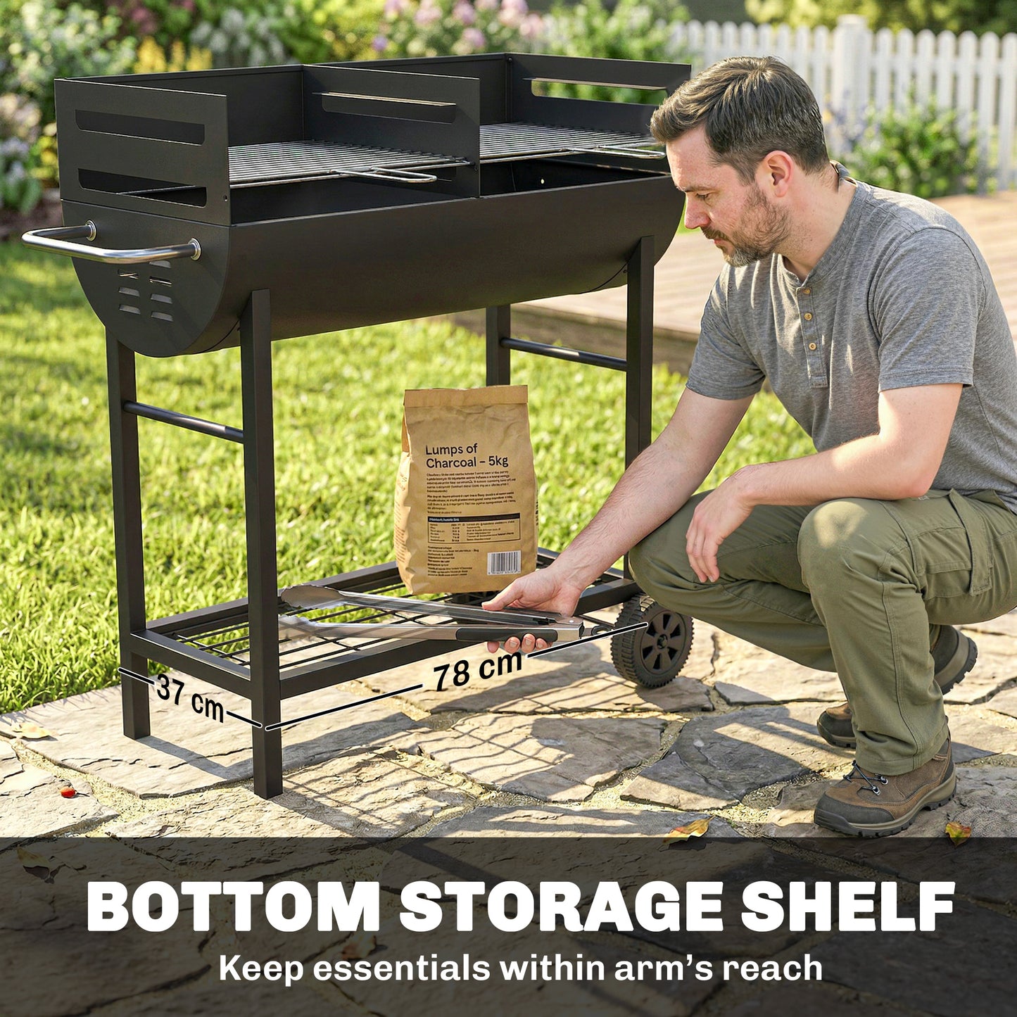 Charcoal Barbecue Grill with 2 Cooking Areas, Wheels