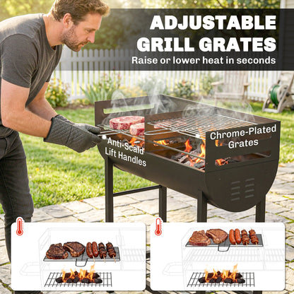 Charcoal Barbecue Grill with 2 Cooking Areas, Wheels