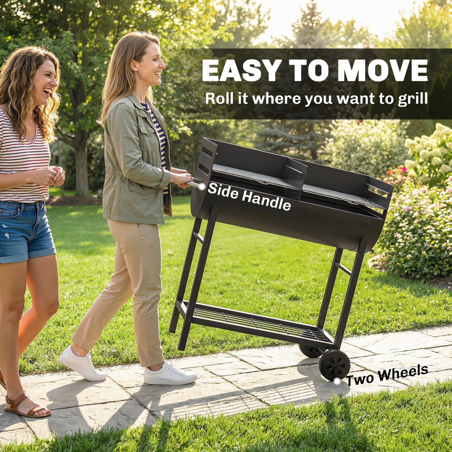 Charcoal Barbecue Grill with 2 Cooking Areas, Wheels