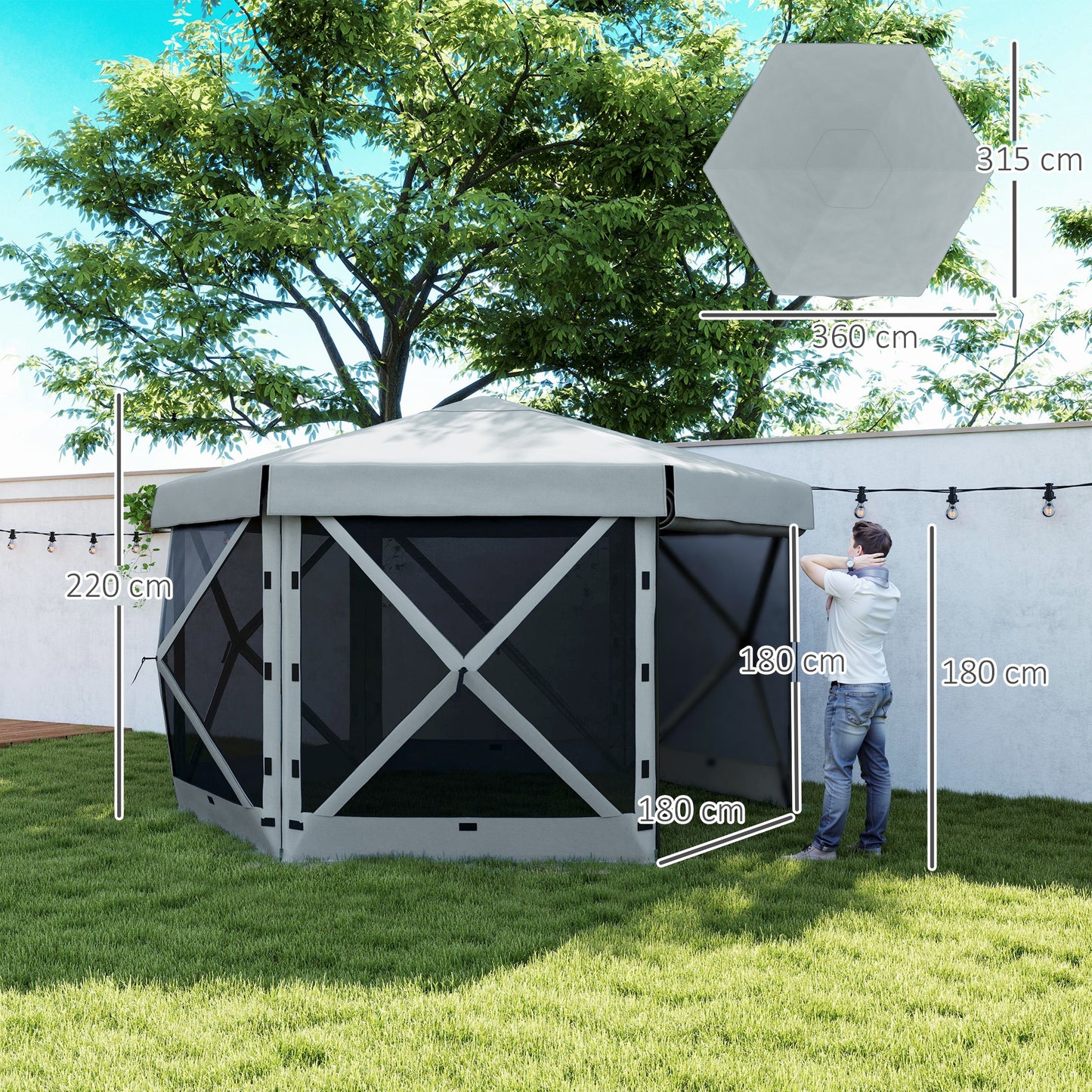 3 x 3(m) Hexagon Pop Up Gazebo with 5 Sides, Netting, Light Grey