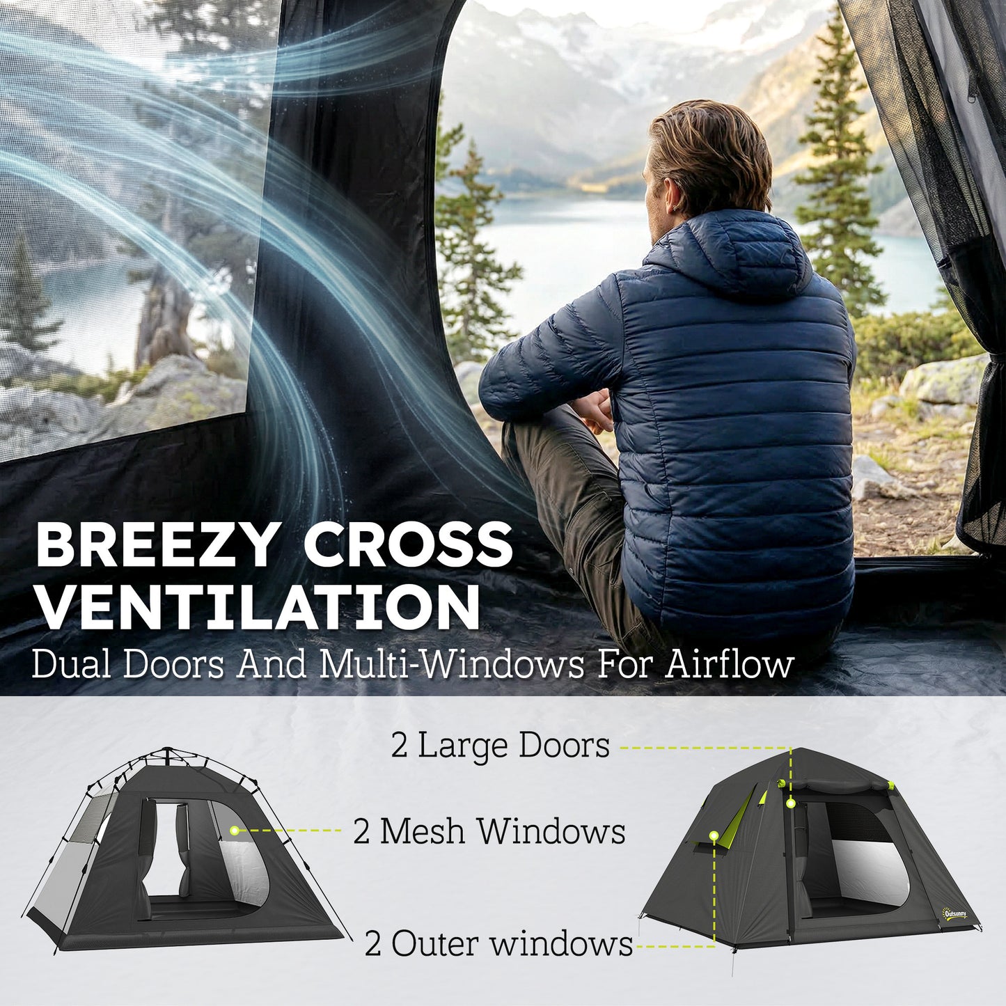 Camping Tent, 2 Man Dome Tent with 2 Doors and 2 Windows, 3000mm Waterproof, with Sewn-in Groundsheet, Carry Bag and Top Hook for Fishing Hiking Festival, Grey & Green