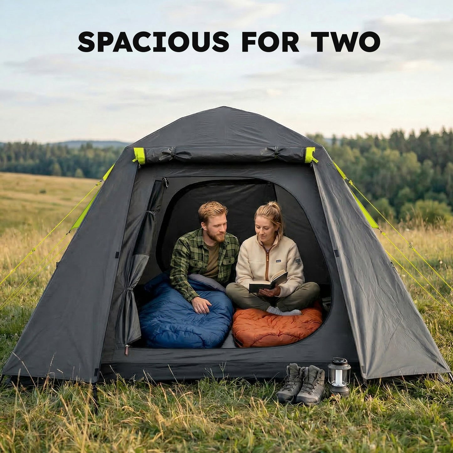 Camping Tent, 2 Man Dome Tent with 2 Doors and 2 Windows, 3000mm Waterproof, with Sewn-in Groundsheet, Carry Bag and Top Hook for Fishing Hiking Festival, Grey & Green