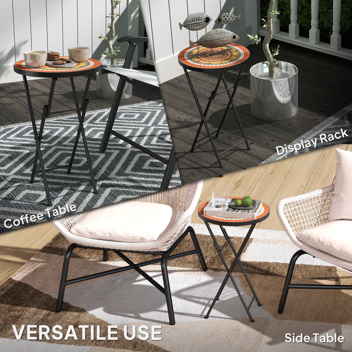 Mosaic Garden Table, 35.5cm Folding Coffee Table, Orange
