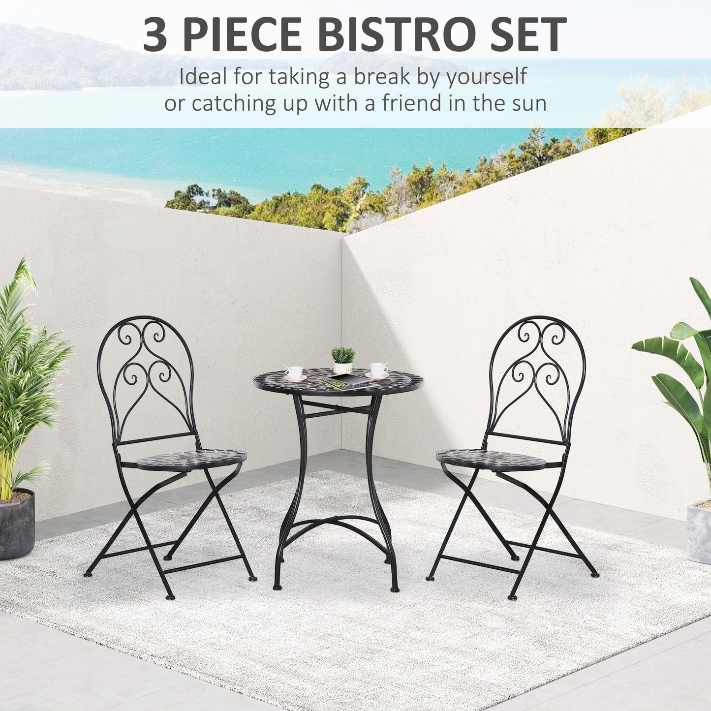 3 PCs Garden Bistro Set W/ Balcony Table and Chairs Metal Frame